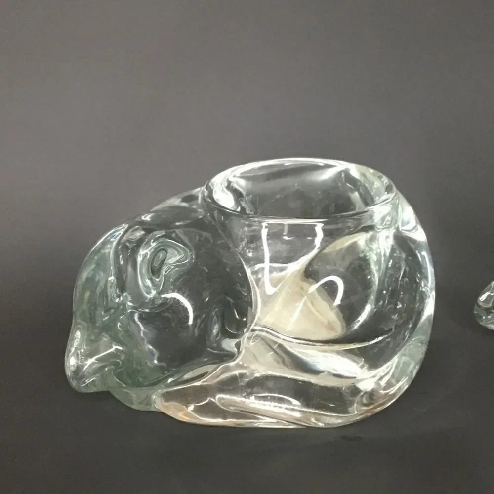 VTG‎ Indiana Glass 2 Crystal Votive Candle Holder Sleeping Cat Figurine